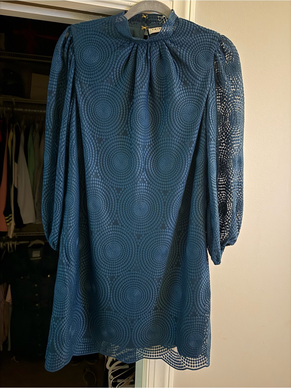 NWT-Trina Turk Teal Lace Shift Dress with Sheer Sleeves